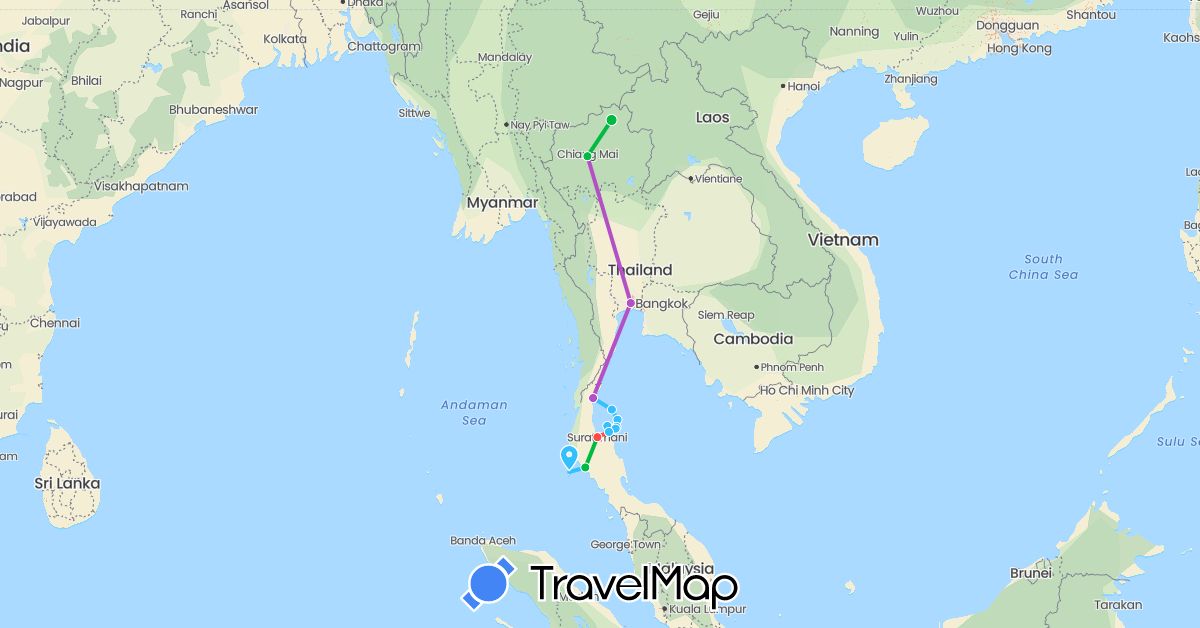 TravelMap itinerary: driving, bus, train, hiking, boat in Thailand (Asia)